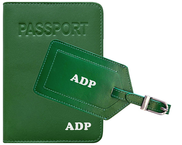 Personalized Monogrammed Leather RFID Passport Cover Holder and Luggage Tag