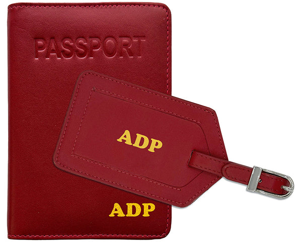 Personalized Monogrammed Leather RFID Passport Cover Holder and Luggage Tag