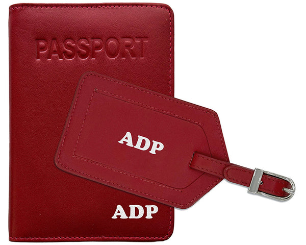 Personalized Monogrammed Leather RFID Passport Cover Holder and Luggage Tag