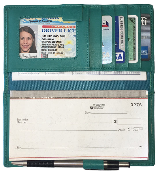 RFID Leather Checkbook Cover with Credit Card Slots and Pen Holder - A&A Creative Designs