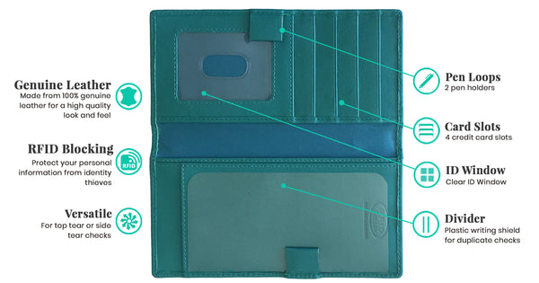 RFID Leather Checkbook Cover with Credit Card Slots and Pen Holder - A&A Creative Designs