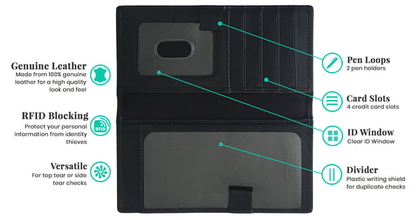 RFID Leather Checkbook Cover with Credit Card Slots and Pen Holder - A&A Creative Designs