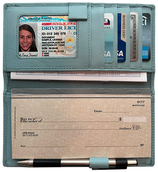 RFID Leather Checkbook Cover with Credit Card Slots and Pen Holder - A&A Creative Designs