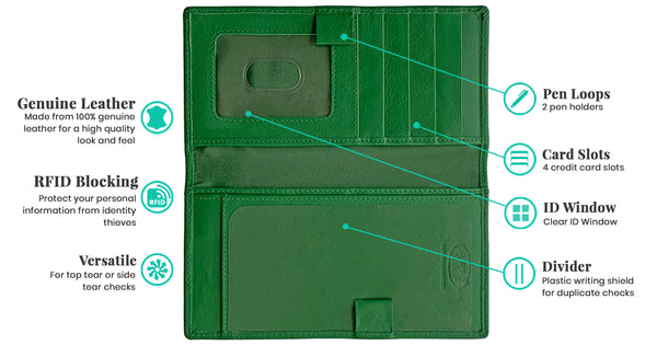RFID Leather Checkbook Cover with Credit Card Slots and Pen Holder - A&A Creative Designs