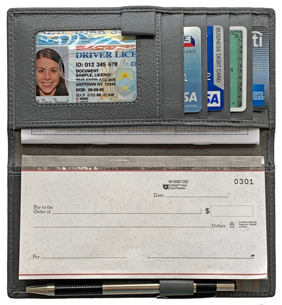 RFID Leather Checkbook Cover with Credit Card Slots and Pen Holder - A&A Creative Designs