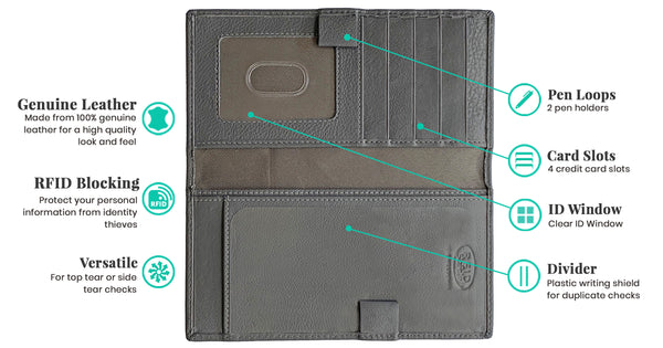 RFID Leather Checkbook Cover with Credit Card Slots and Pen Holder - A&A Creative Designs
