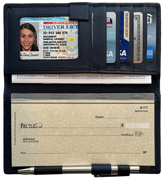 RFID Leather Checkbook Cover with Credit Card Slots and Pen Holder - A&A Creative Designs