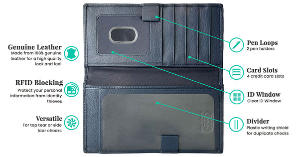 RFID Leather Checkbook Cover with Credit Card Slots and Pen Holder - A&A Creative Designs