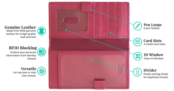RFID Leather Checkbook Cover with Credit Card Slots and Pen Holder - A&A Creative Designs