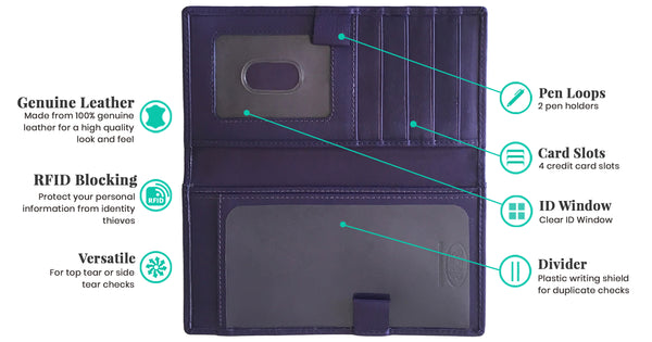 RFID Leather Checkbook Cover with Credit Card Slots and Pen Holder - A&A Creative Designs