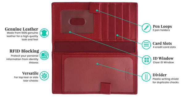 RFID Leather Checkbook Cover with Credit Card Slots and Pen Holder - A&A Creative Designs