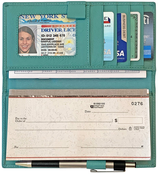 RFID Leather Checkbook Cover with Credit Card Slots and Pen Holder - A&A Creative Designs