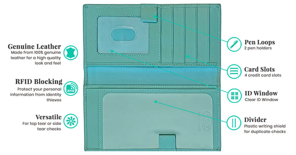 RFID Leather Checkbook Cover with Credit Card Slots and Pen Holder - A&A Creative Designs