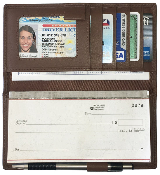 RFID Leather Checkbook Cover with Credit Card Slots and Pen Holder - A&A Creative Designs