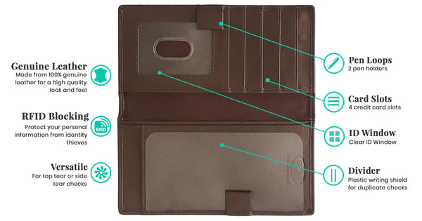 RFID Leather Checkbook Cover with Credit Card Slots and Pen Holder - A&A Creative Designs