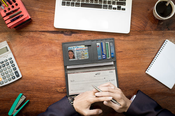 RFID Leather Checkbook Cover with Credit Card Slots and Pen Holder - A&A Creative Designs