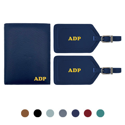 Deluxe Personalized Monogrammed Leather RFID Passport Wallet and 2 Luggage Tags