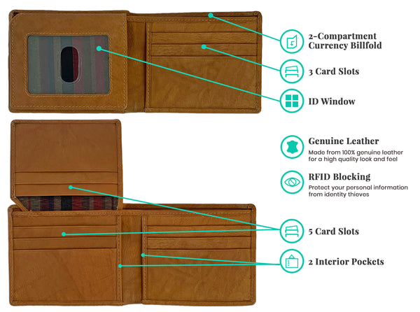 Personalized RFID Blocking Leather Bifold Men's Wallet With ID Window - A&A Creative Designs