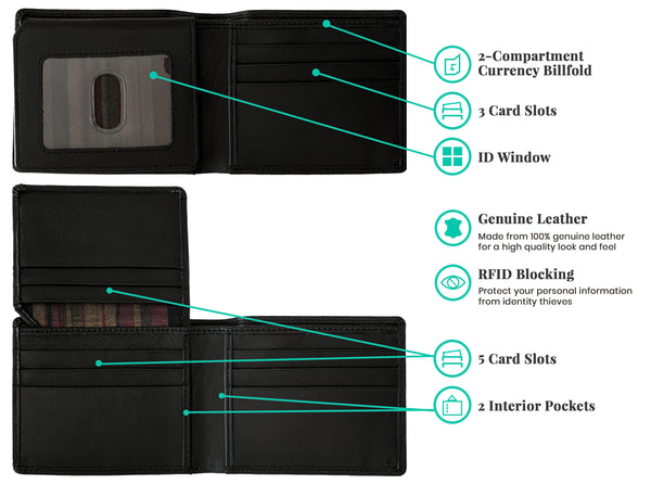 Personalized RFID Blocking Leather Bifold Men's Wallet With ID Window - A&A Creative Designs