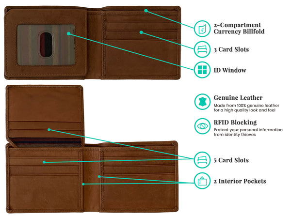 Personalized RFID Blocking Leather Bifold Men's Wallet With ID Window - A&A Creative Designs