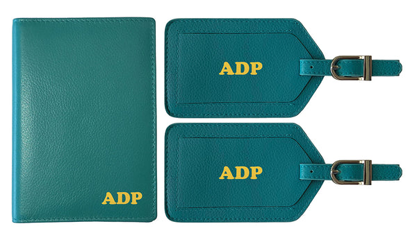 Personalized Monogrammed Leather RFID Passport Wallet and 2 Luggage Tags - A&A Creative Designs