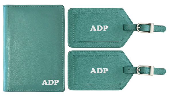 Personalized Monogrammed Leather RFID Passport Wallet and 2 Luggage Tags - A&A Creative Designs
